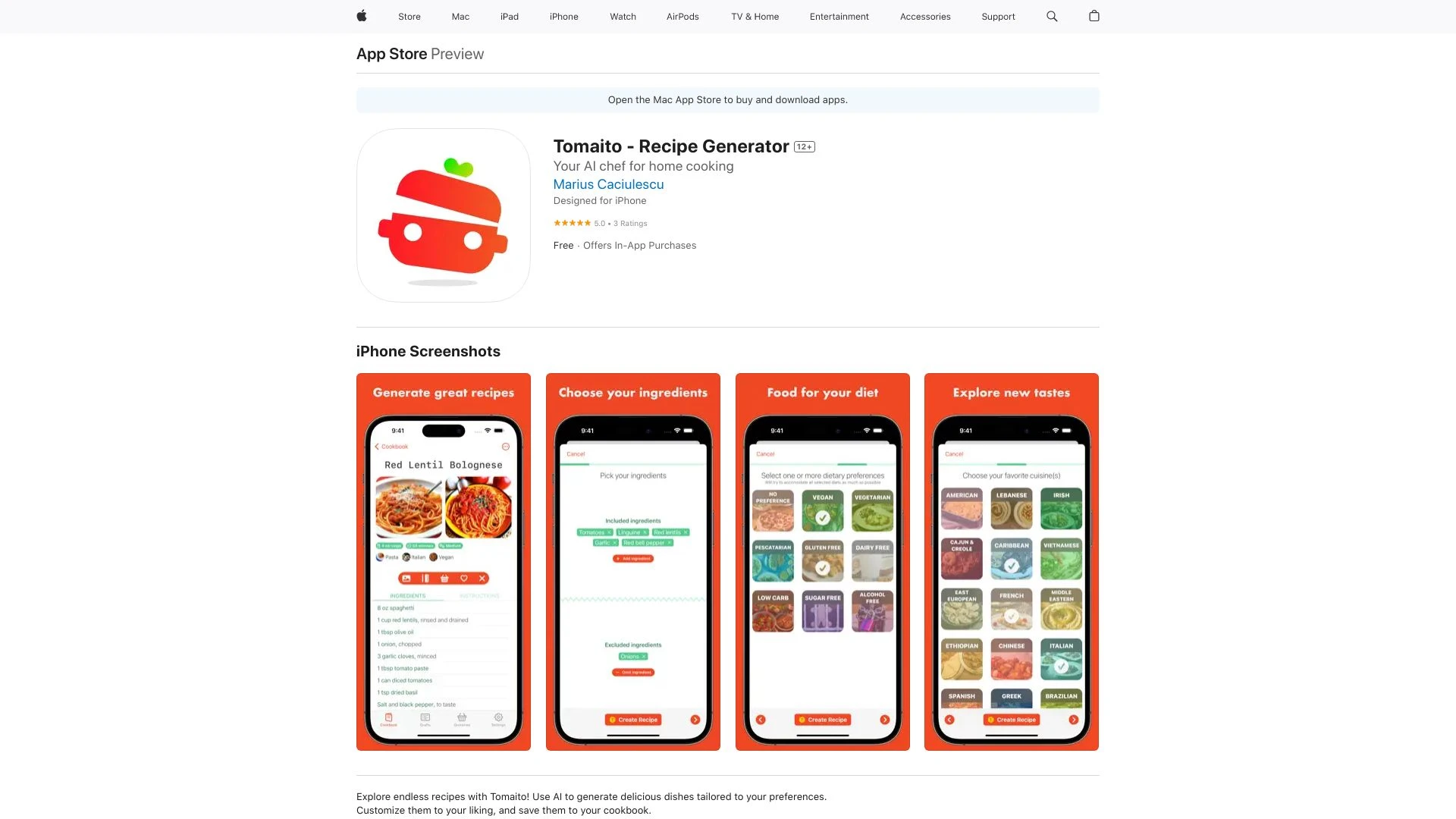 Tomaito - Recipe Generator - AI Tool Ocean